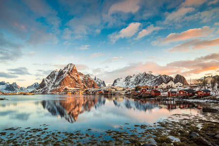 Reine, Lofoten, Norway - an amazing view at sunriseの写真素材