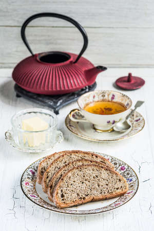 Beet sourdough bread served for breakfast with a tea