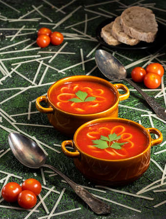 Tomato and pepper soup with tagliatelleの写真素材