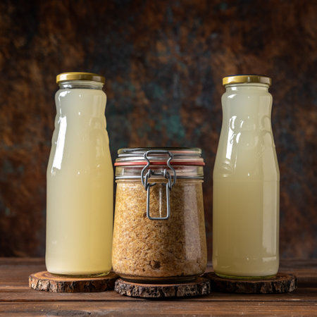 Fermented liquid on wooden table