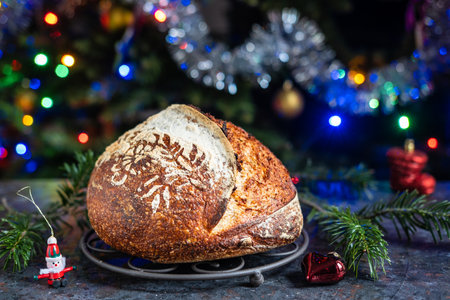 Sourdough Bread placed on a table near the Christmas tree
