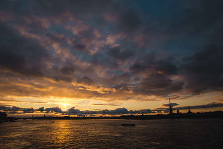 Sunset on Neva riverの写真素材