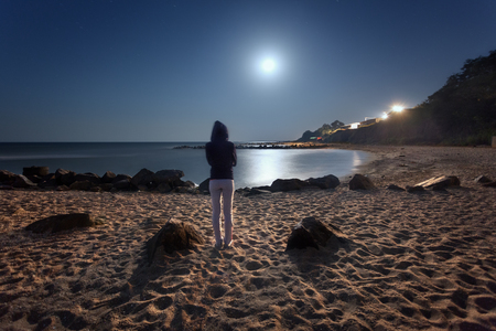 Beautiful summer night on the sea in Ukraine. Full moonの写真素材