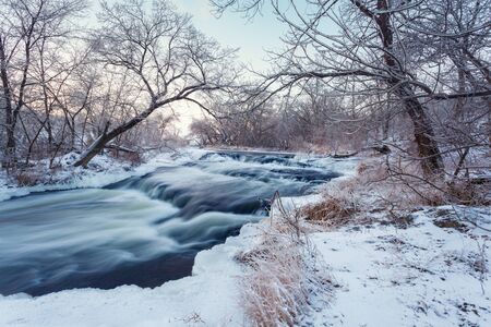 Beautiful winter sunset at the river Krinka. Forest in Ukraineの写真素材