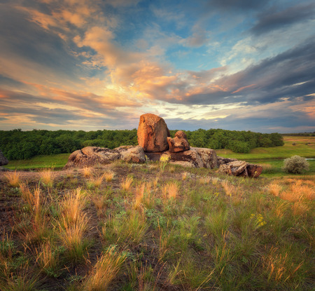 Beautiful summer sunset in Ukraine. Evening in Granotnoeの写真素材