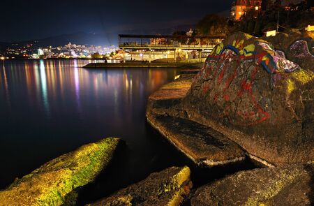 Mountains city at night. Black sea in Crimeaの写真素材