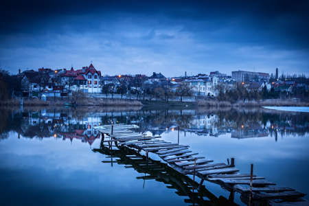 Night city reflection on the river in Donetsk. Ukraineの写真素材