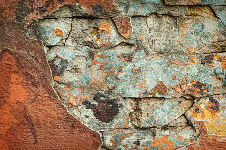 Background of colorful brick wall texture. brickwork. Peeling paint. Pattern of rustic grunge material.の写真素材