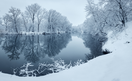 Winter landscape with river in forest.の写真素材