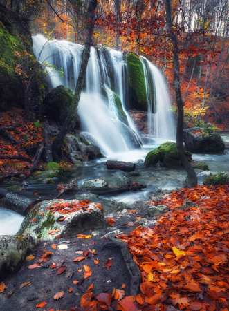 Beautiful waterfall at mountain river in colorful autumn forest with red and orange leaves at sunset. Nature landscapeの写真素材