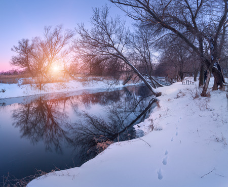 Panoramic winter landscape with trees, beautiful river at sunset. Winter forest. Season. Scenery with winter trees, water and blue sky. Christmas background with snowy forest. Reflection in waterの写真素材