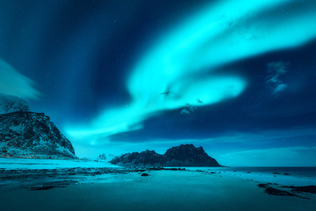 Beautiful aurora borealis. Northern lights in Lofoten islands, Norway. Starry sky with polar lights. Winter landscape with bright aurora, sea, sandy beach and snowy mountains. Uttakleiv beach at nightの写真素材