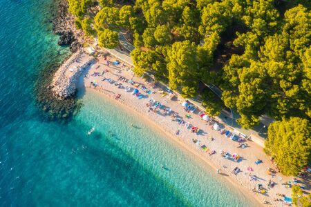 Aerial view of sandy beach with colorful umbrellas, lying people, clear sea bay with transparent...