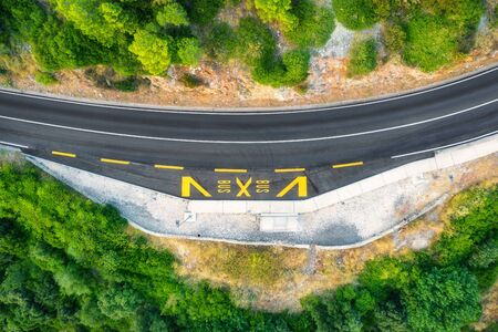 Aerial view of road in beautiful green forest at sunset in summer. Colorful landscape with roadway,...