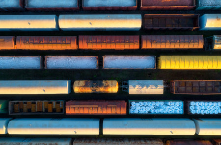Drone view of freight trains at sunset. Railway cargo wagons