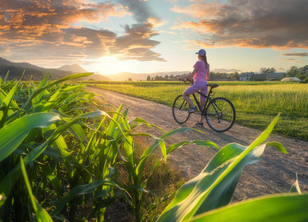 Woman on mountain bike on gravel road at sunset in summerの写真素材