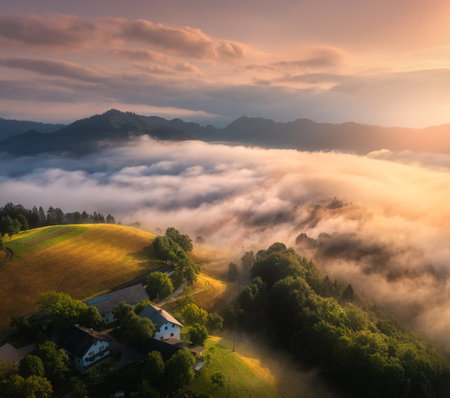 Aerial view of alpine meadows and mountains in clouds at sunriseの写真素材