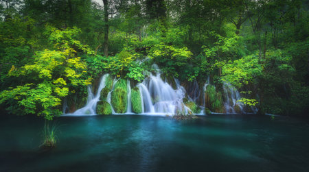 Waterfall in green forest in Plitvice Lakes, Croatia at sunsetの写真素材