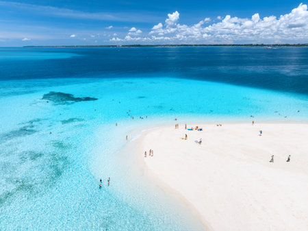 Aerial view of island, sandbank in ocean, sandy beach, blue seaの写真素材