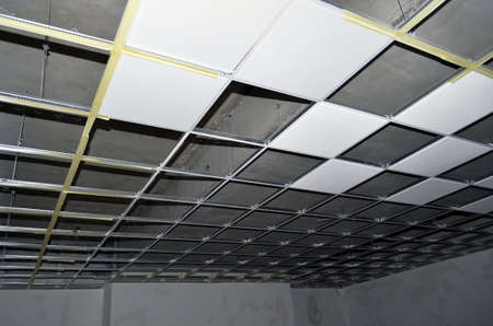 Besançon, France - April 9, 2015: Suspended ceiling not finished on a construction site.のeditorial素材