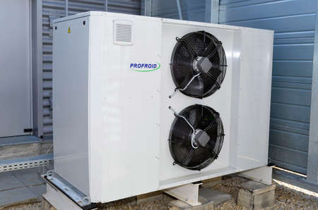 Besançon, France - April 9, 2015: Exterior air conditioner unit (HVAC) on a construction site.のeditorial素材