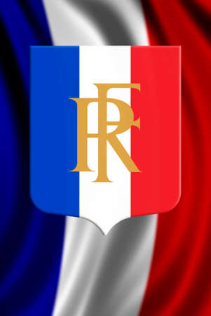 France - May 15, 2010: Illustration of the French Republic escutcheon with its golden initial caps, against the fluttering French flag.のeditorial素材