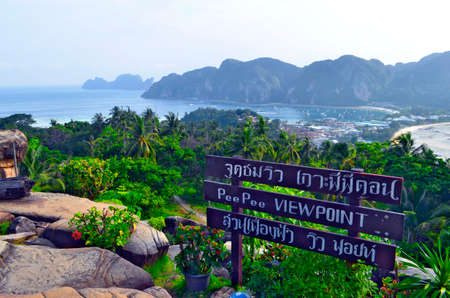 High angle view of Koh Phi Phi Don and Koh Phi Phi Ley in the background from the viewpointの写真素材