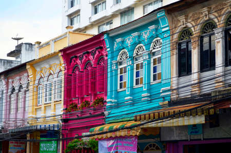 Phuket Town, Thailand - October 16, 2014: Multicolored Sino-Portuguese facades in Phangnga Road.のeditorial素材