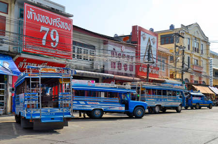Phuket Town, Thailand - April 18, 2019: Songthaews at the Ranong road bus station.のeditorial素材