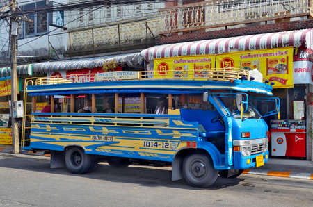 Phuket Town, Thailand - April 18, 2019: The Phuket-Patong songthaew at the Ranong Road bus station.のeditorial素材
