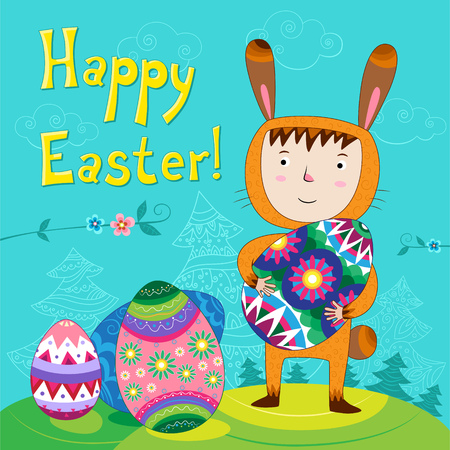 Boy dressed as Easter Bunny with Easter eggs. Vector.のイラスト素材