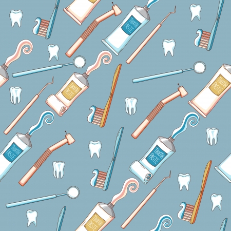 Seamless cartoon background with toothpaste, toothbrush and dental toolsのイラスト素材