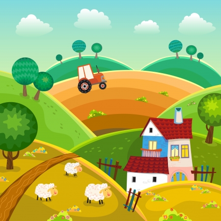 Rural landscape with hills, house and tractor