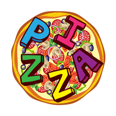 Italian pizza with tomato, salami, mushrooms and text.のイラスト素材