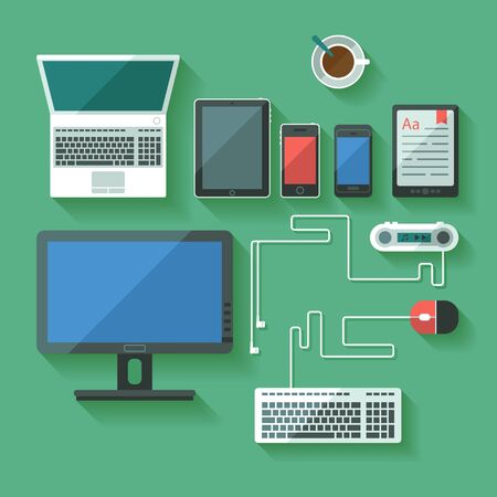 Set of flat computing and mobile devices. Modern laptop, tablets and phones. Vector.のイラスト素材