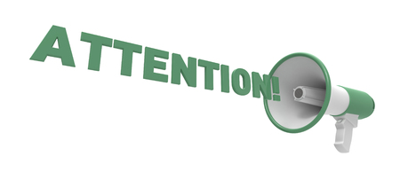 Megaphone with attention text isolated on a white background. Attention concept. 3D rendering.の写真素材