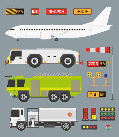 Airport infographic set with airplane, tow truck, fire engine and fuel truckのイラスト素材