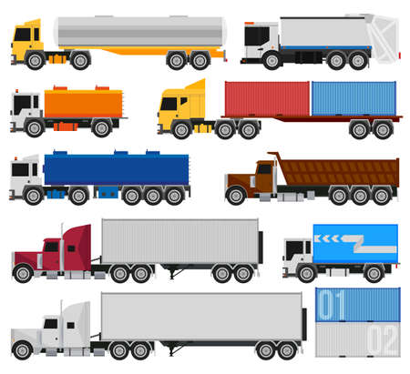 Trucks and trailers on a white background. Delivery and shipping cargo trucks and semi-trucks. For infographics or design