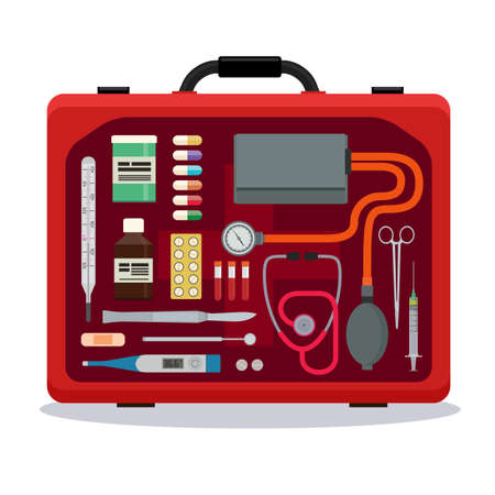 Red medical suitcase with tools and medicine on a white background. View inside the suitcase on the toolsのイラスト素材