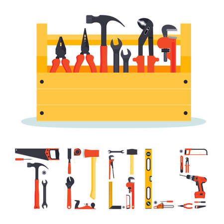 Flat wooden hardware tools box with instruments in it and the letters made from tools