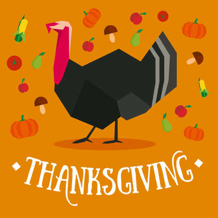 Thanksgiving postcard with turkey and vegetables in brown and orange colorsのイラスト素材