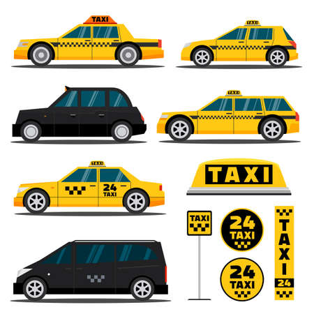 Modern and classic American and Europe taxi cars. London cabs and taxi checkered signsのイラスト素材