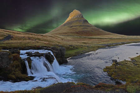 popular mountain in Iceland with aurora lightsの写真素材