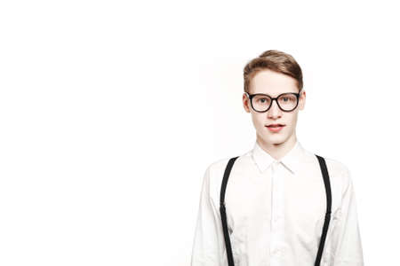 young man in glasses surprises and shock on white backgroundの写真素材