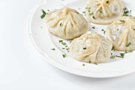 Traditional Georgian khinkali or dumplings, stuffed with meatの写真素材