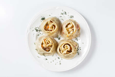 Traditional Georgian khinkali or dumplings, stuffed with meatの写真素材