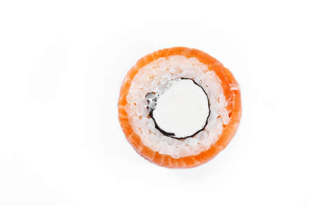 "Philadelphia" classic roll with fresh salmon and cream cheese, white background with space for your logo, studio shooting,close-up macroの写真素材