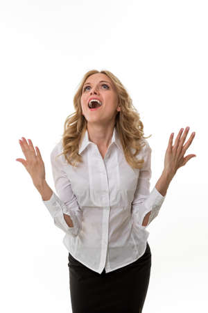 Business woman delighted by the success. Cute girl in business attire. Lady thrilled.の写真素材