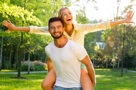 Lovers are laughing. Happy couple on vacation. Happy guy and girl.の写真素材