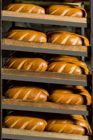 Fresh golden bread on the shelves. Delicious crisp bread at the bakery. Delivery bread in store.
